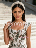 A Line Sleeves Floral Green Straps Sequin Tulle Prom Dress