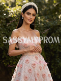 Pink Flower Beading Off The Shoulder A Line Tulle Prom Dress