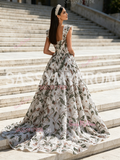 A Line Sleeves Floral Green Straps Sequin Tulle Prom Dress