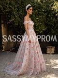 Pink Flower Beading Off The Shoulder A Line Tulle Prom Dress