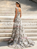 A Line Sleeves Floral Green Straps Sequin Tulle Prom Dress