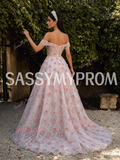 Pink Flower Beading Off The Shoulder A Line Tulle Prom Dress