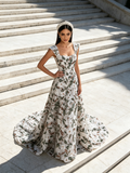 A Line Sleeves Floral Green Straps Sequin Tulle Prom Dress