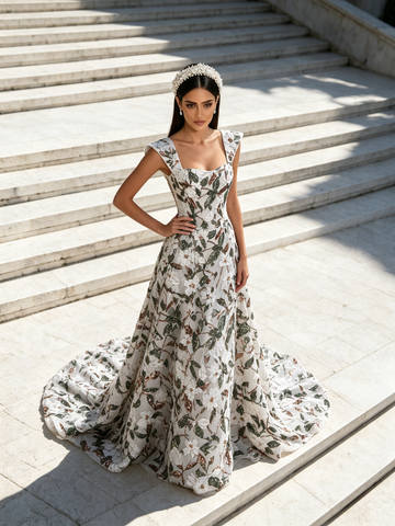 A Line Sleeves Floral Green Straps Sequin Tulle Prom Dress
