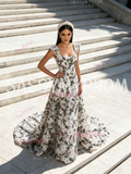 A Line Sleeves Floral Green Straps Sequin Tulle Prom Dress