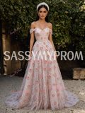 Pink Flower Beading Off The Shoulder A Line Tulle Prom Dress