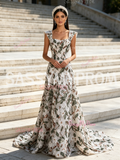 A Line Sleeves Floral Green Straps Sequin Tulle Prom Dress