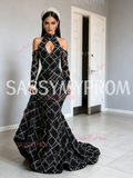 Long Sleeves Trumpet Mermaid Halter Keyhole Black Prom Dress