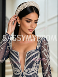 Navy Blue Square Long Sleeve Trumpet Mermaid Beading Prom Dress With Slit