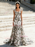 A Line Sleeves Floral Green Straps Sequin Tulle Prom Dress