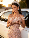 Pink Sweetheart Beaded Mermaid Prom Dress With Slit Flowers