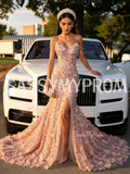 Pink Sweetheart Beaded Mermaid Prom Dress With Slit Flowers