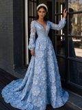 Deep V Neck A Line Blue Beading Long Sleeve Flower Prom Dress
