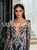 Navy Blue Square Long Sleeve Trumpet Mermaid Beading Prom Dress With Slit