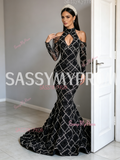 Long Sleeves Trumpet Mermaid Halter Keyhole Black Prom Dress