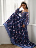 Off The Shoulder Beading Flower Purple Long Sleeve Lace Prom Dress