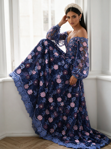 Off The Shoulder Beading Flower Purple Long Sleeve Lace Prom Dress