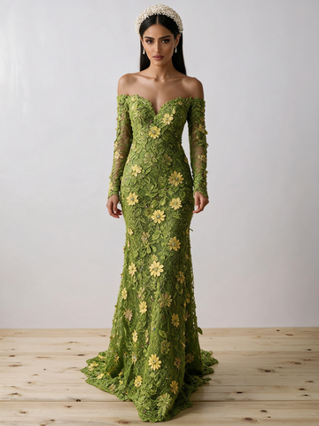 Lace Sheath Column Long Sleeve Green Off The Shoulder Flower Prom Dress