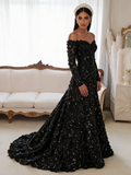 Trumpet Mermaid Black Off The Shoulder Beading Flower Long Sleeve Prom Dress