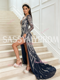 Navy Blue Square Long Sleeve Trumpet Mermaid Beading Prom Dress With Slit