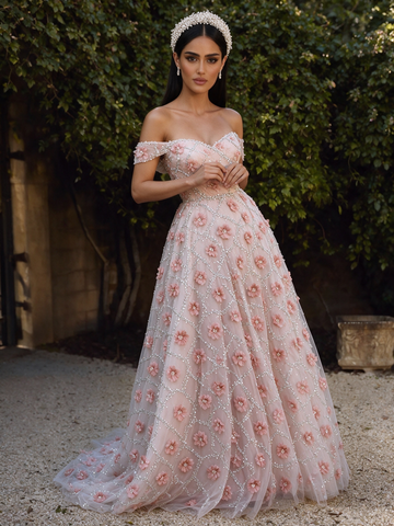 Pink Flower Beading Off The Shoulder A Line Tulle Prom Dress