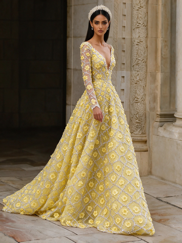 Long Sleeve V Neck Yellow A Line Beading Flower Prom Dress