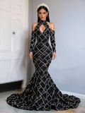 Long Sleeves Trumpet Mermaid Halter Keyhole Black Prom Dress