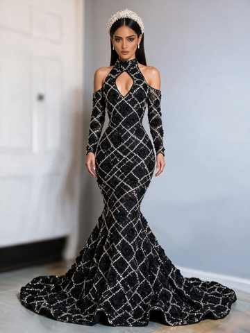 Long Sleeves Trumpet Mermaid Halter Keyhole Black Prom Dress