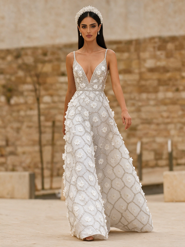 A Line Flower Beading V Neck Tulle Sequin White Prom Dress