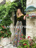 Green Floral Velvet Off The Shoulder A Line Prom Dress