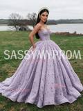 Purple Floral Lace Sweetheart Tulle Ball Gown Prom Dress