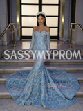 Trumpet Mermaid Flower Blue Long Sleeve Off The Shoulder Prom Dress