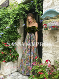 Green Floral Velvet Off The Shoulder A Line Prom Dress