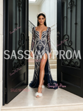 Navy Blue Square Long Sleeve Trumpet Mermaid Beading Prom Dress With Slit