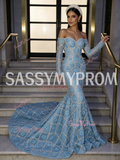 Trumpet Mermaid Flower Blue Long Sleeve Off The Shoulder Prom Dress