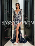 Navy Blue Square Long Sleeve Trumpet Mermaid Beading Prom Dress With Slit