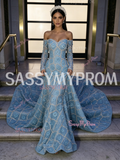 Trumpet Mermaid Flower Blue Long Sleeve Off The Shoulder Prom Dress