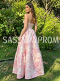 Pink Satin Print Spaghetti Straps A Line Prom Dress