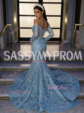Trumpet Mermaid Flower Blue Long Sleeve Off The Shoulder Prom Dress