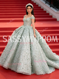 Ball Gown Flowers Green Off The Shoulder Sequin Tulle Prom Dress
