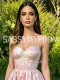 Pink Satin Print Spaghetti Straps A Line Prom Dress