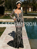 Beading Long Sleeve Black Square Trumpet Mermaid Prom Dress