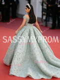 Ball Gown Flowers Green Off The Shoulder Sequin Tulle Prom Dress