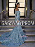 Trumpet Mermaid Flower Blue Long Sleeve Off The Shoulder Prom Dress