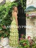 Green Spaghetti Straps Layers Print Chiffon Prom Dress