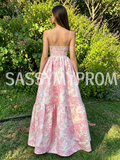 Pink Satin Print Spaghetti Straps A Line Prom Dress