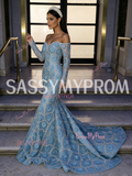 Trumpet Mermaid Flower Blue Long Sleeve Off The Shoulder Prom Dress