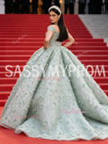 Ball Gown Flowers Green Off The Shoulder Sequin Tulle Prom Dress