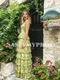 Green Spaghetti Straps Layers Print Chiffon Prom Dress