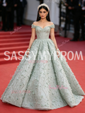 Ball Gown Flowers Green Off The Shoulder Sequin Tulle Prom Dress